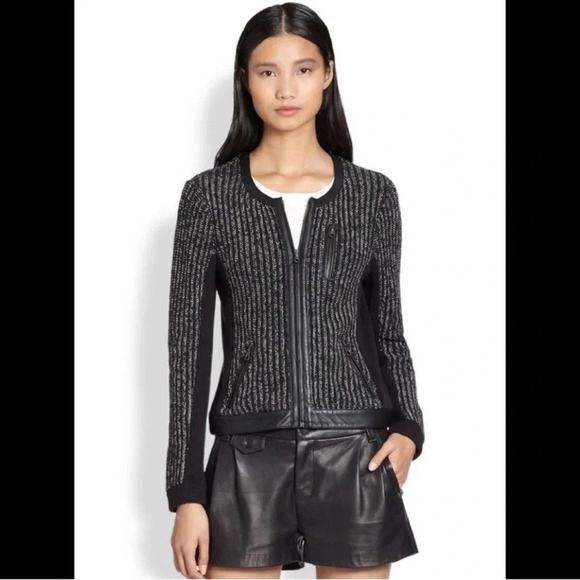 Rag & Bone Black and Silver Paula Knit Leather Trim Jacket XXS - Picture 3 of 11